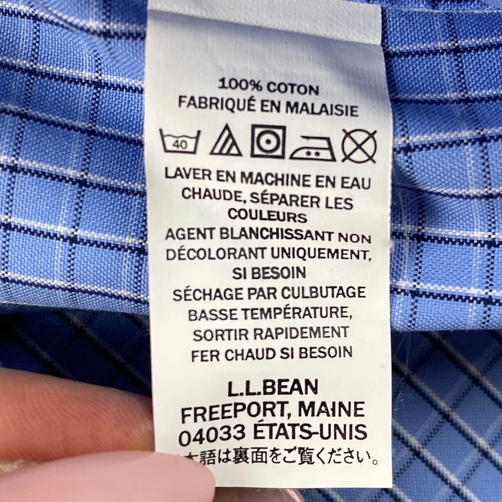 LL Bean Mens 15.5-33 Button Down Shirt Blue Check Wrinkle Free Slightly Fitted